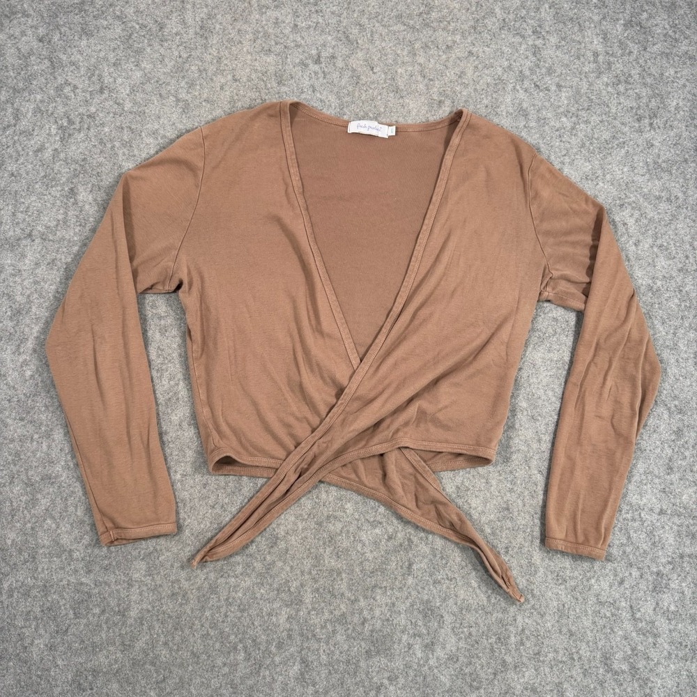 Fresh Produce Brown Tie Waist Wrap Long Sleeve Cropped Top Women's Size Large